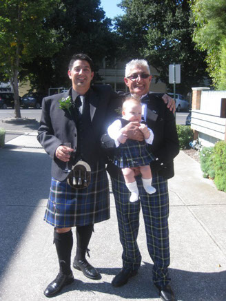 Michael de Robbio dressed in the Italian National Tartan at his wedding in Australia with his son Fraser and father also wearing the tartan