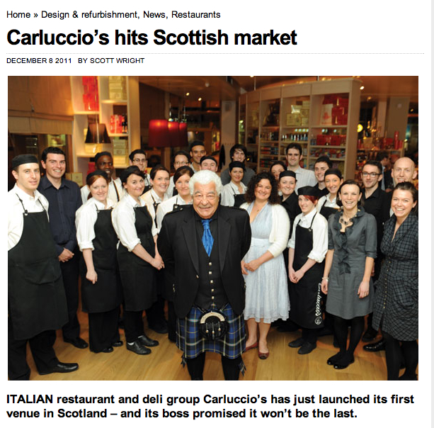 Antonio Carluccio wears Italian National Tartan kilt by Clan Italia for the opening of the new Carluccio's restaurant in Glasgow.