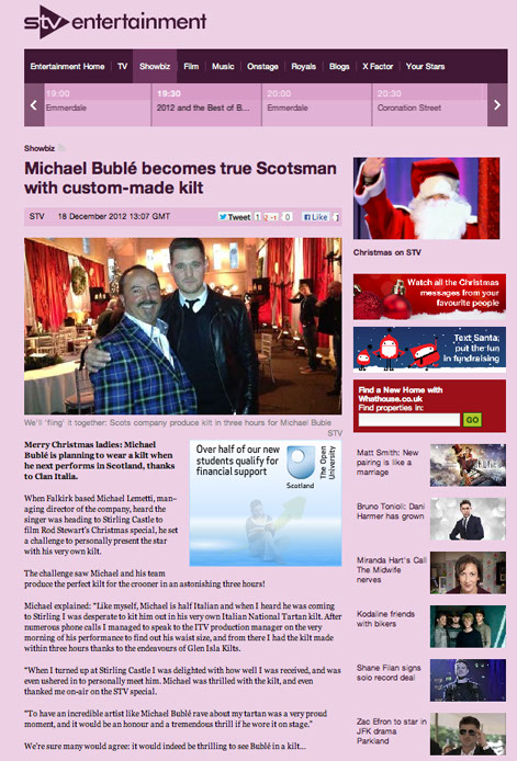 Mike Lemetti makes kilt for Michael Buble article on STV web page